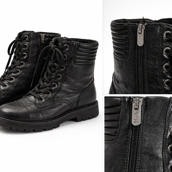 Earth Origins Black Leather Lace-Up Side-Zip Combat Boots, USA SIZE MORE LIKE 9 - Picture 2 of 3